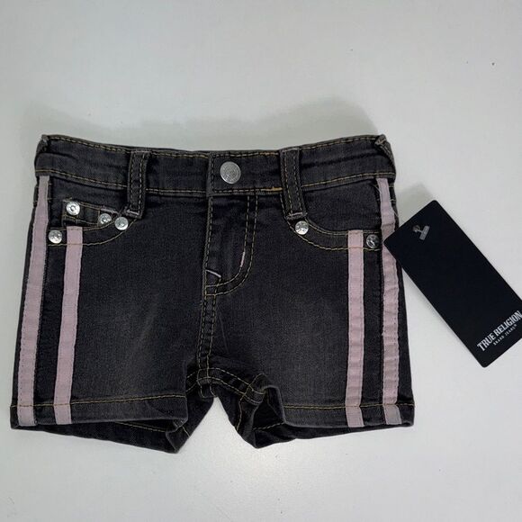 True Religion Other - True Religion Black Denim Shorts with Pink Side Stripes Sz 3/6 months girls NWT